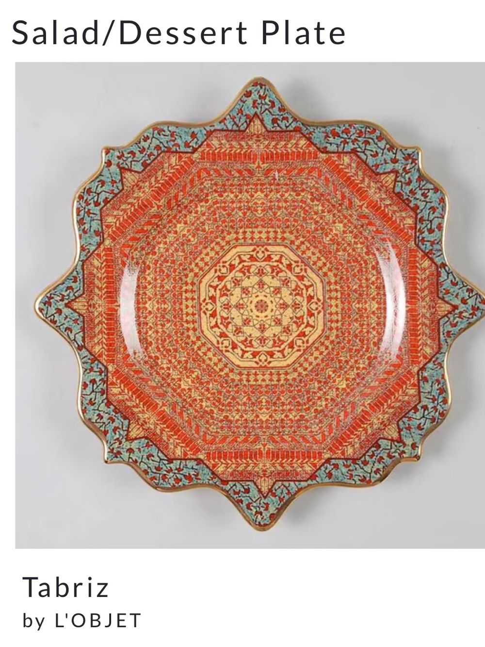 L’Objet Tabriz Collection Salad/Dessert Plate, 9” Plate ~ 1 set of 4 plates